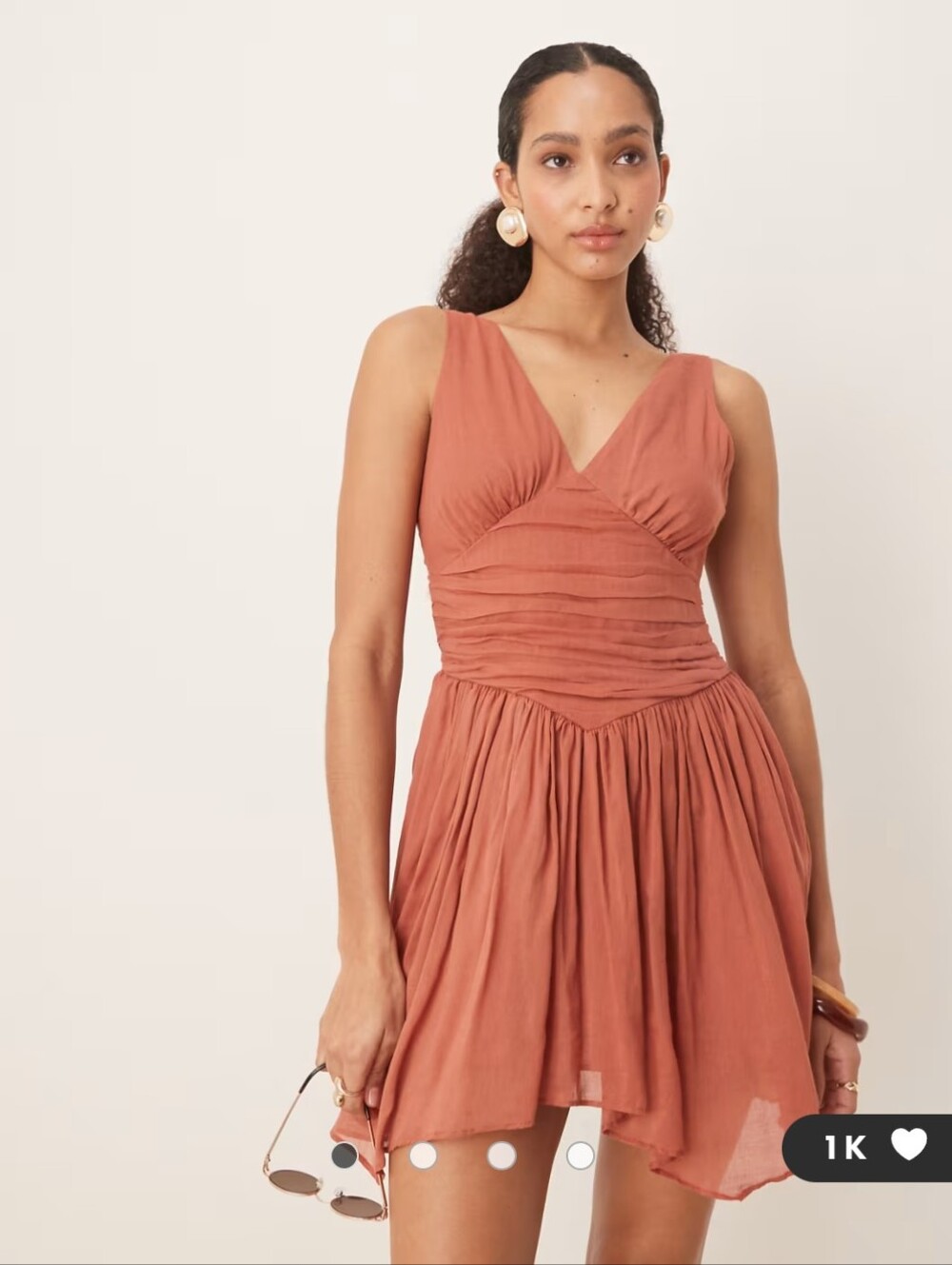 ASOS DESIGN v neck mini dress with handkerchief hem in terracotta